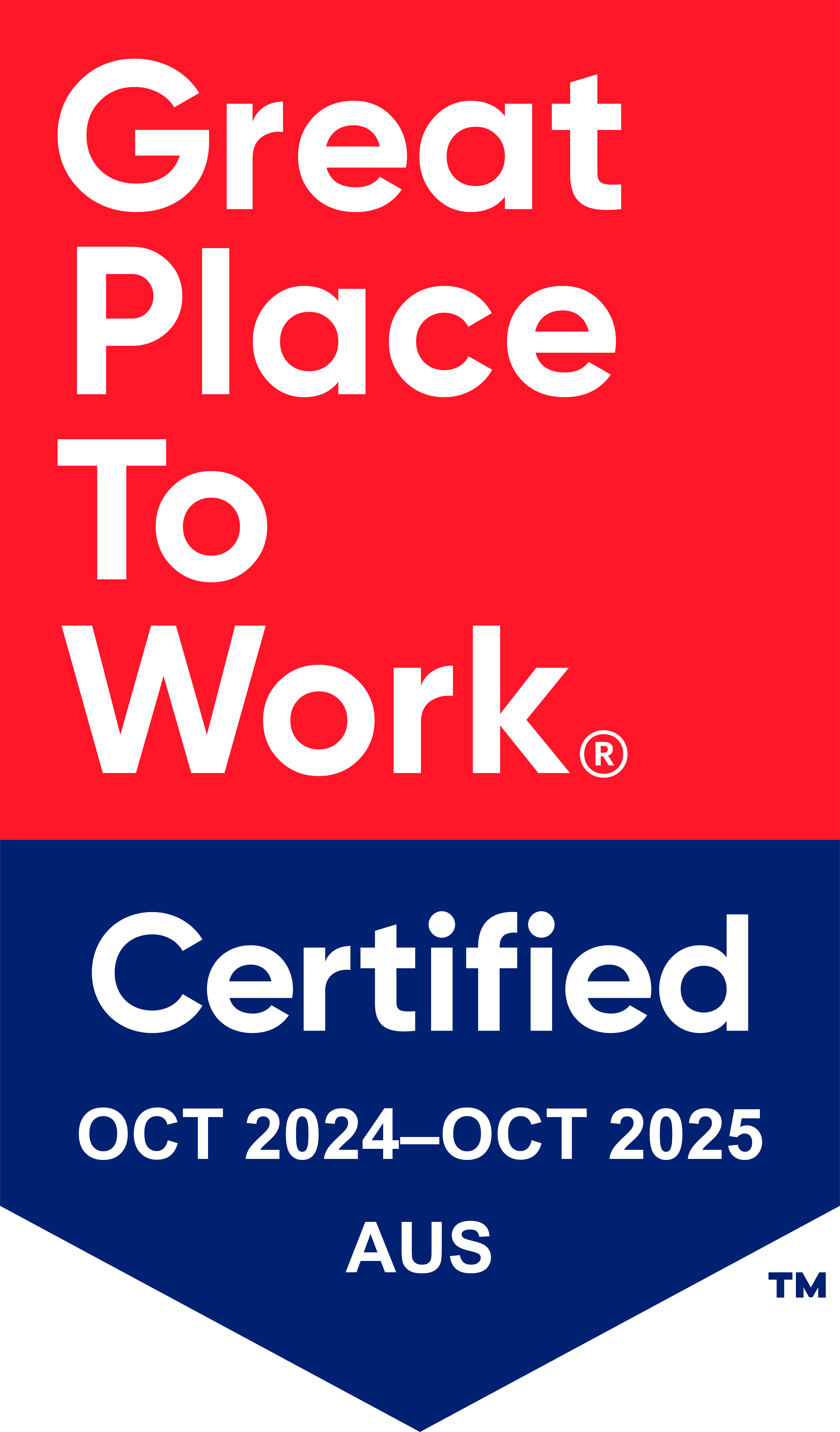 Great Place to Work badge in Red and blue for the dates October 2024 to October 2025